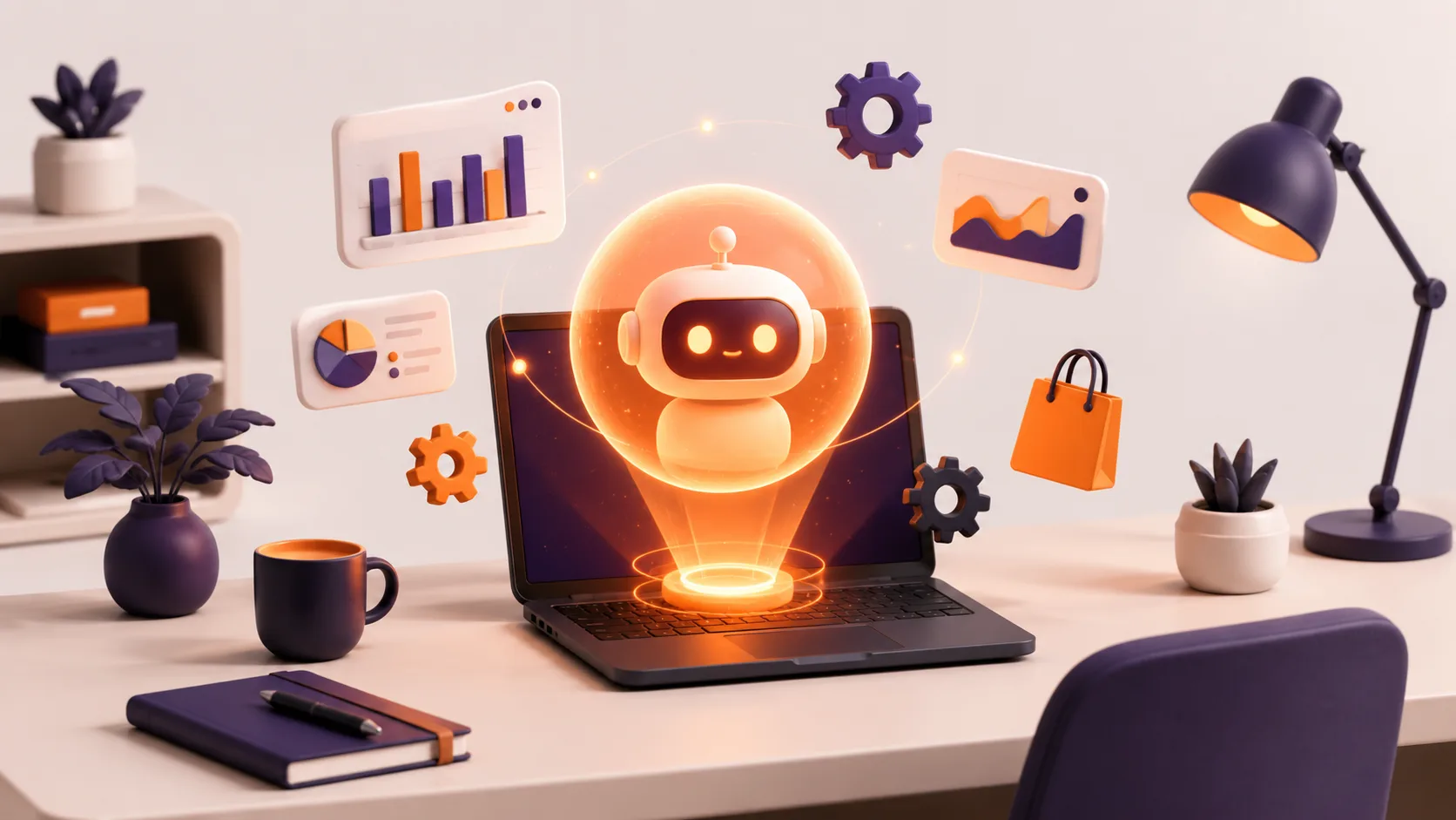 Curso de Inteligencia Artificial para pymes: un escritorio con un portátil que proyecta un asistente de IA naranja rodeado de gráficos, engranajes y una bolsa de compra.