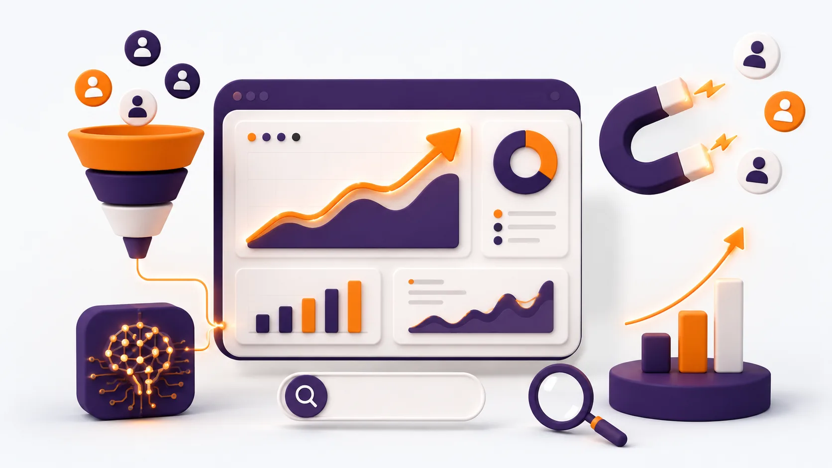 Curso de marketing digital con IA: un panel con una flecha de crecimiento, un embudo de conversión y un imán que atrae clientes.