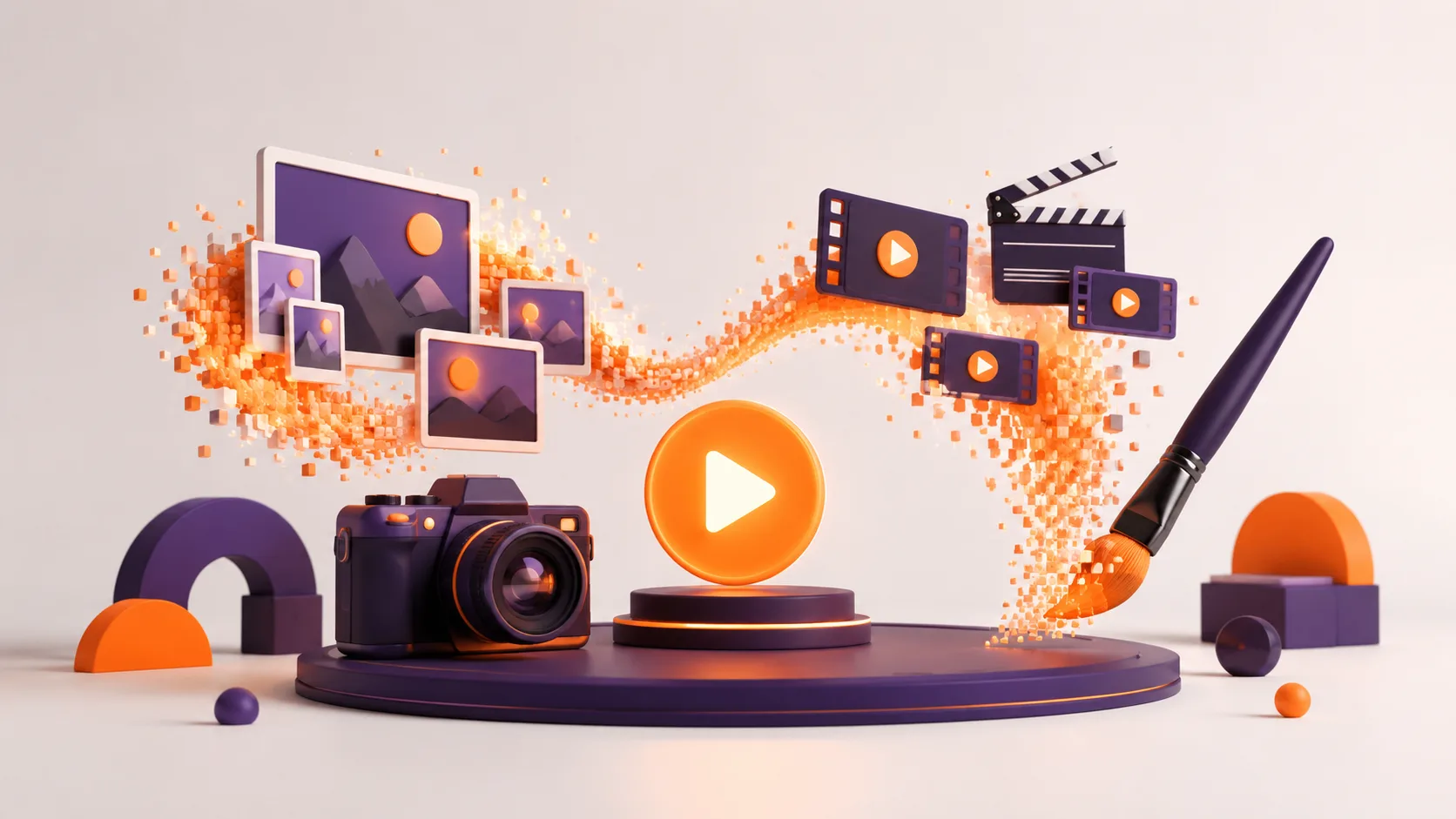 Curso de creación de vídeo e imagen con IA: un estudio creativo donde una cámara y partículas naranjas generan fotogramas y clips de vídeo.