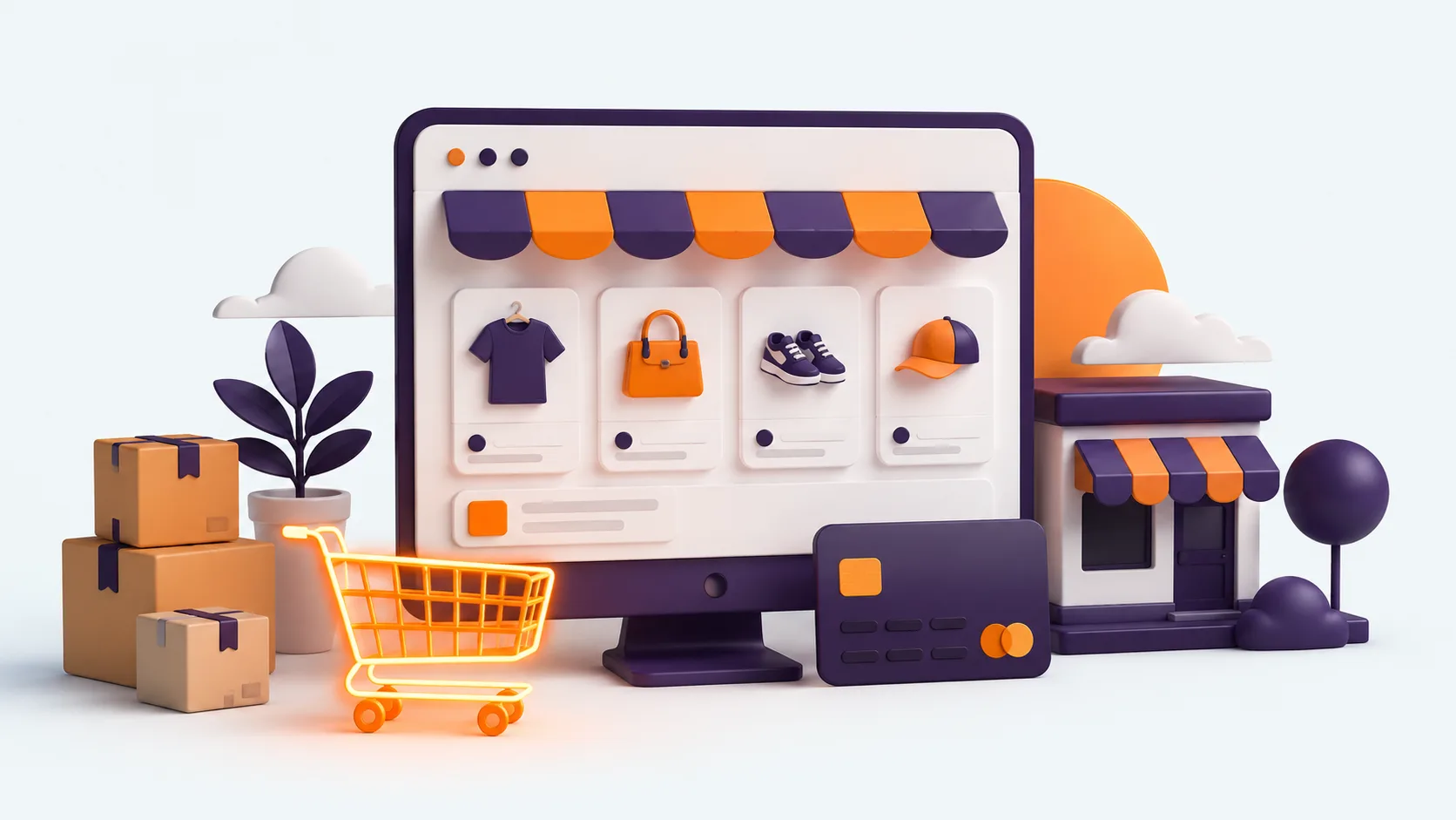 Curso para montar una tienda online con WooCommerce: una pantalla con fichas de producto, un carrito naranja y una tarjeta de pago.