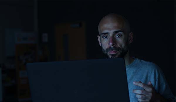 Álvaro Torres reviewing a crashed website on his laptop with a worried expression