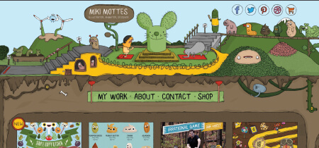Illustration of a garden with animated characters on the Miki Mottes website