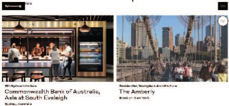 Photo of a restaurant next to a photo of a city in a screenshot of the Woods Bagot website