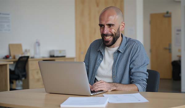 Álvaro Torres writing an article on his laptop with a checklist beside him