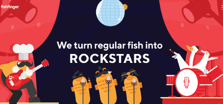 Animated illustration of animals performing a concert on the Fishfinger website