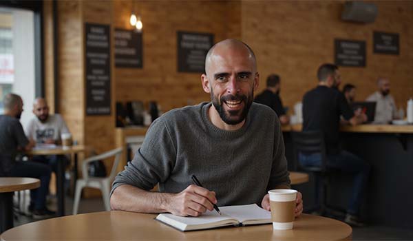 Alvaro Torres writing nurture sequences in a cosy coffee shop with a notebook and coffee