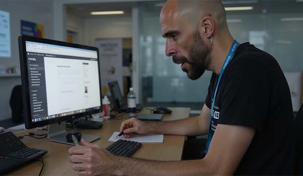 Alvaro Torres reviewing and editing an old article on his computer