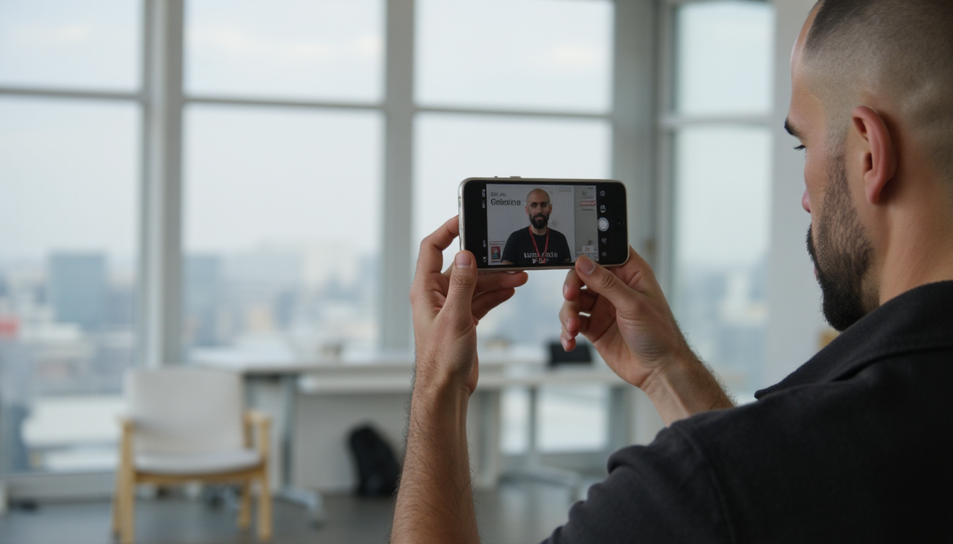 Álvaro Torres recording a vertical video with his phone in front of a window with good light