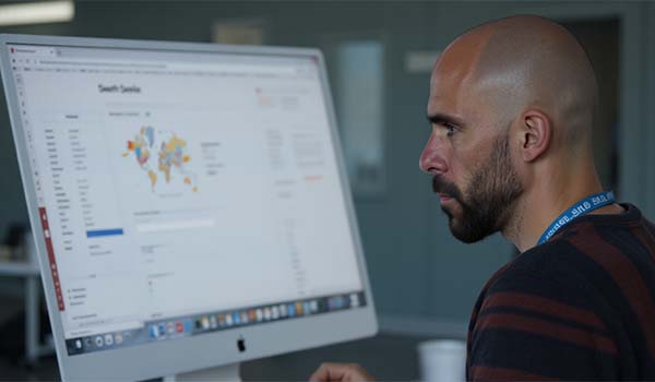 Álvaro Torres analysing Search Console graphs on his laptop